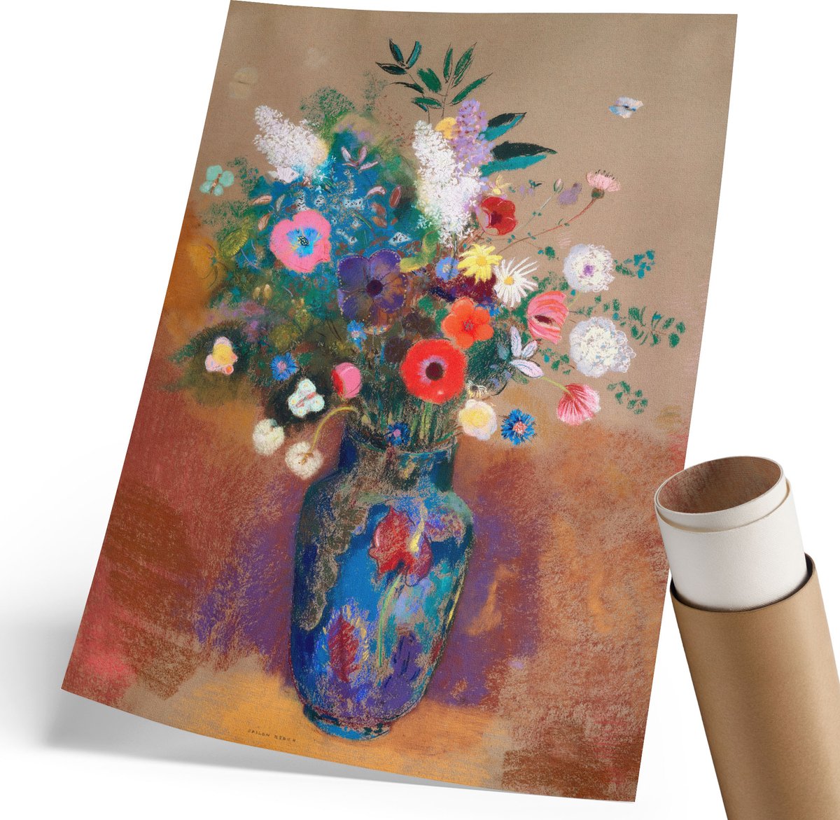 Coloray Polycanvas Wandposter - Een Boeket Bloemen, Schilderen - 210 x 297 mm - Bruin Patroon - Rechthoek - Canvasposter - Woonkamer, Slaapkamer, Kantoor - Romantisch