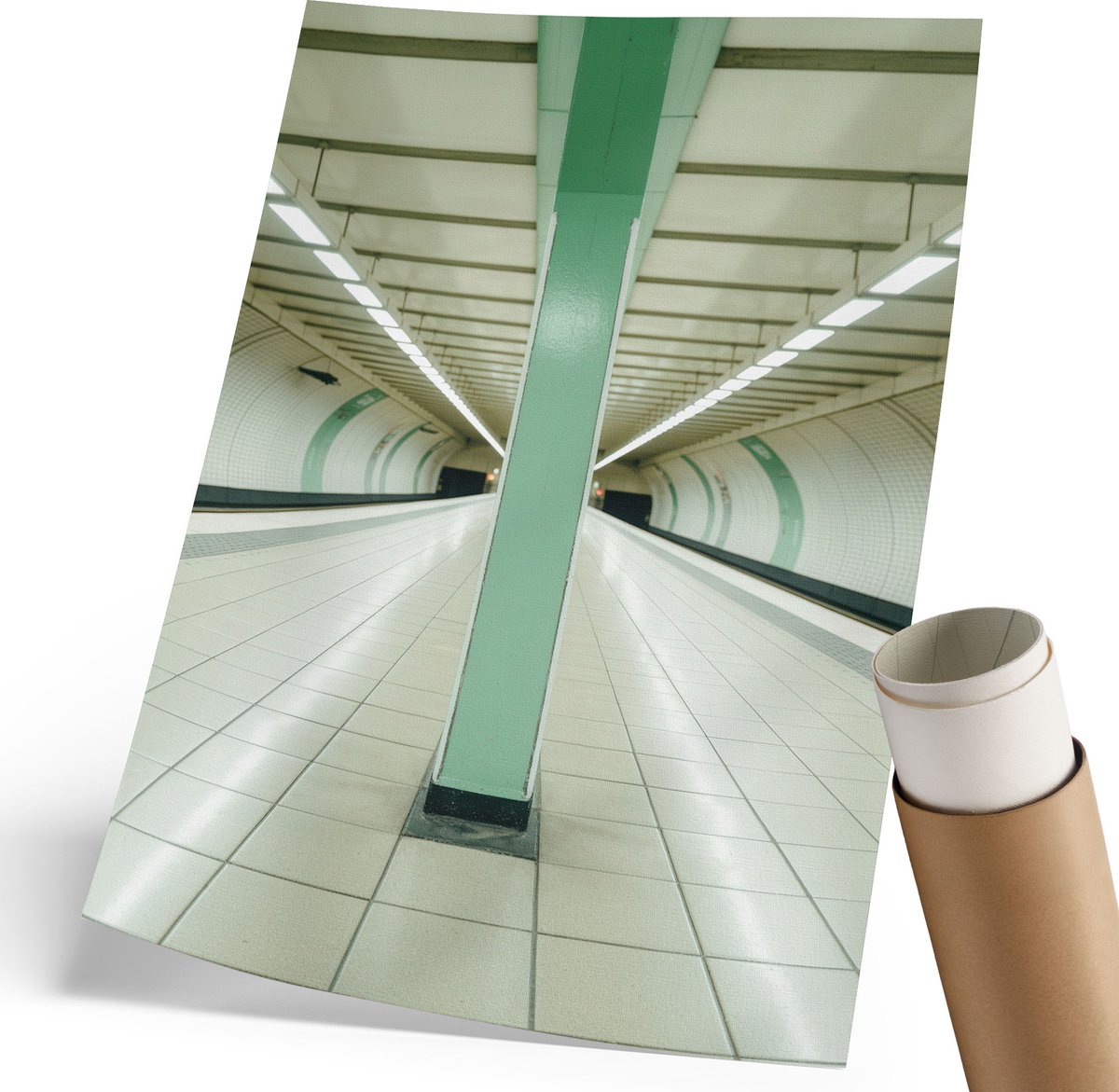Coloray Polycanvas Wandposter - Metrotunnel, Fotografie - 210 x 297 mm - Groen Poster - Rechthoek - Muurkunst - Woonkamer, Slaapkamer, Kantoor - Industrieel