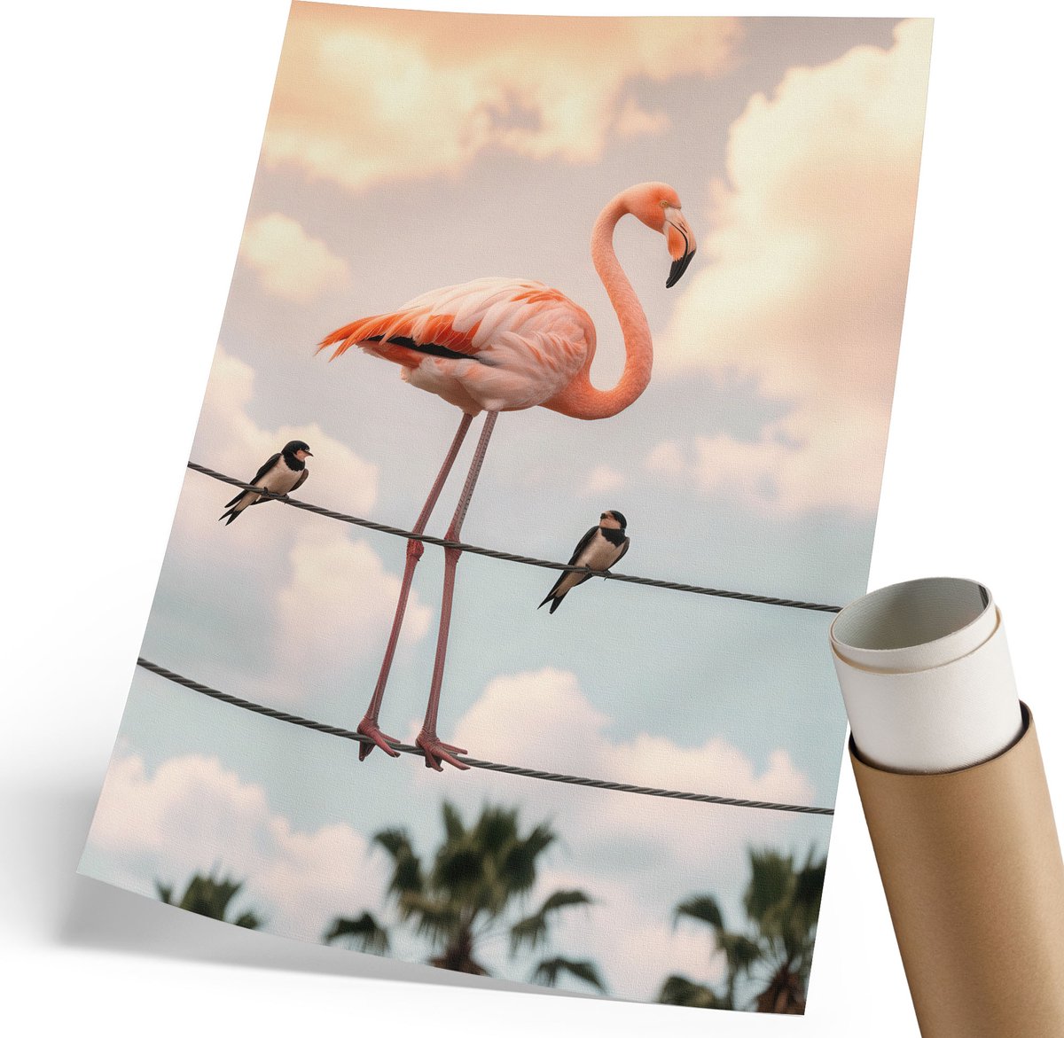 Coloray Polycanvas Wandposter - Flamingo Aan Een Kabel, Fotografie - 210 x 297 mm - Roze Design - Rechthoek - Muurkunst - Woonkamer, Slaapkamer, Kantoor - Humoristisch