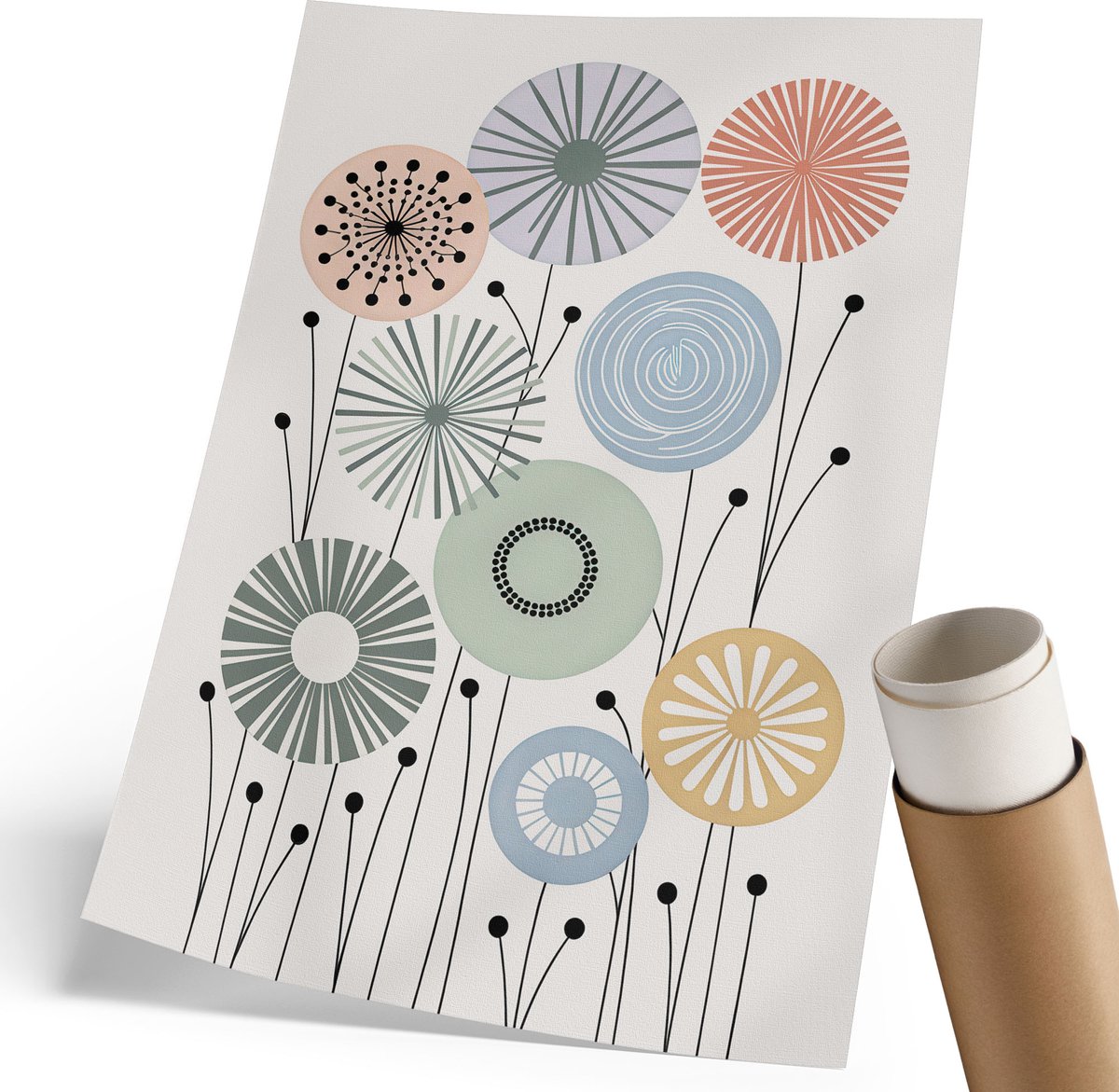 Coloray Canvas Poster Polycanvas - Geometrische Bloemen, Illustratie - 210 x 297 mm - Beige Patroon - Rechthoek - Kunstposter - Woonkamer, Slaapkamer, Kantoor - Modern