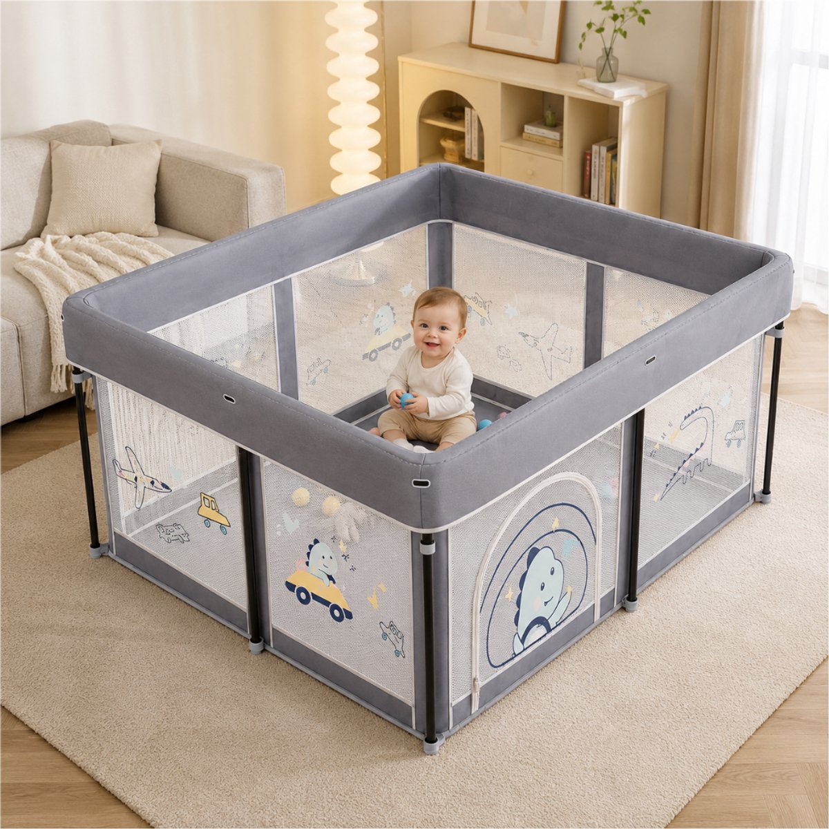 Livista Baby Grondbox – Opvouwbaar Babybox – 120x120x65 cm – Speelbox – Inclusief Speelmat, 60 Ballen en 4 Trekringen – Opbergtas – Ademend & Transparant Gaas – Compact Inklapbaar – Grijs – foto 5