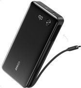 Anker Powerbank, 20.000mAh, 87W, 2 Poorten, Geïntegreerde USB-C-Kabel Item highlights: 65W snelladen via de geïntegreerde USB-C-kabel, 87W gedeeld vermogen voor 3 apparaten. 20.000mAh voor telefoon, tablet en laptop.