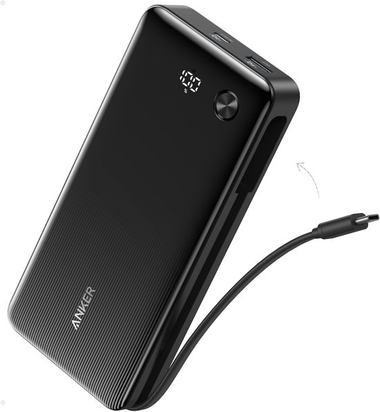 Zwarte Anker powerbank met een ingebouwde USB-C kabel en een digitaal display dat 100% aangeeft.