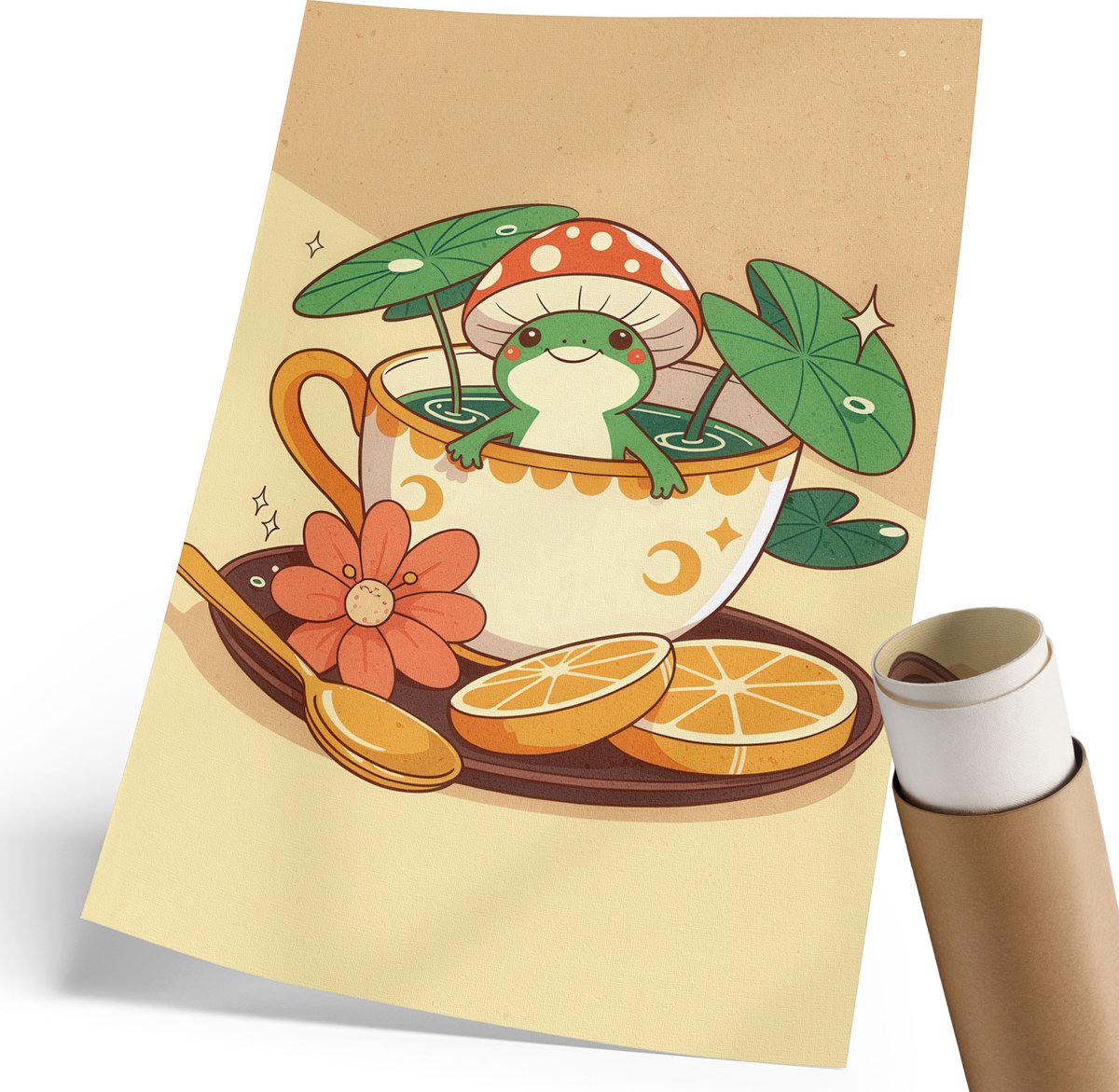 Coloray Polycanvas Wandposter - Kikker In Een Kopje, Illustratie - 210 x 297 mm - Beige Wandposter - Rechthoek - Wandkunstwerk - Woonkamer, Slaapkamer, Kantoor - Kinder