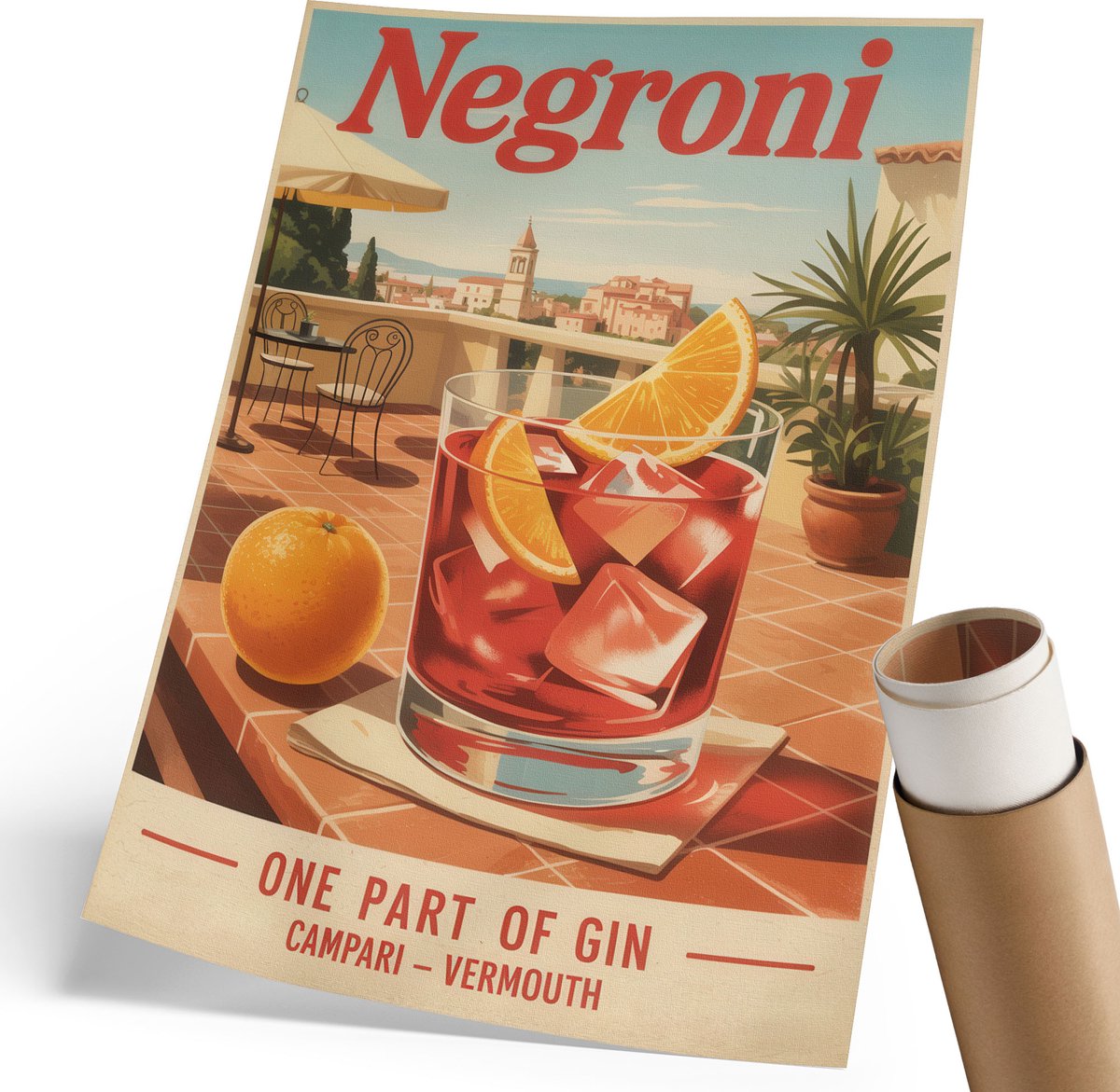 Coloray Polycanvas Wandposter - Negroni-Drankje, Schilderen - 210 x 297 mm - Oranje Decoratie - Rechthoek - Wandkunstwerk - Woonkamer, Slaapkamer, Kantoor - Retro