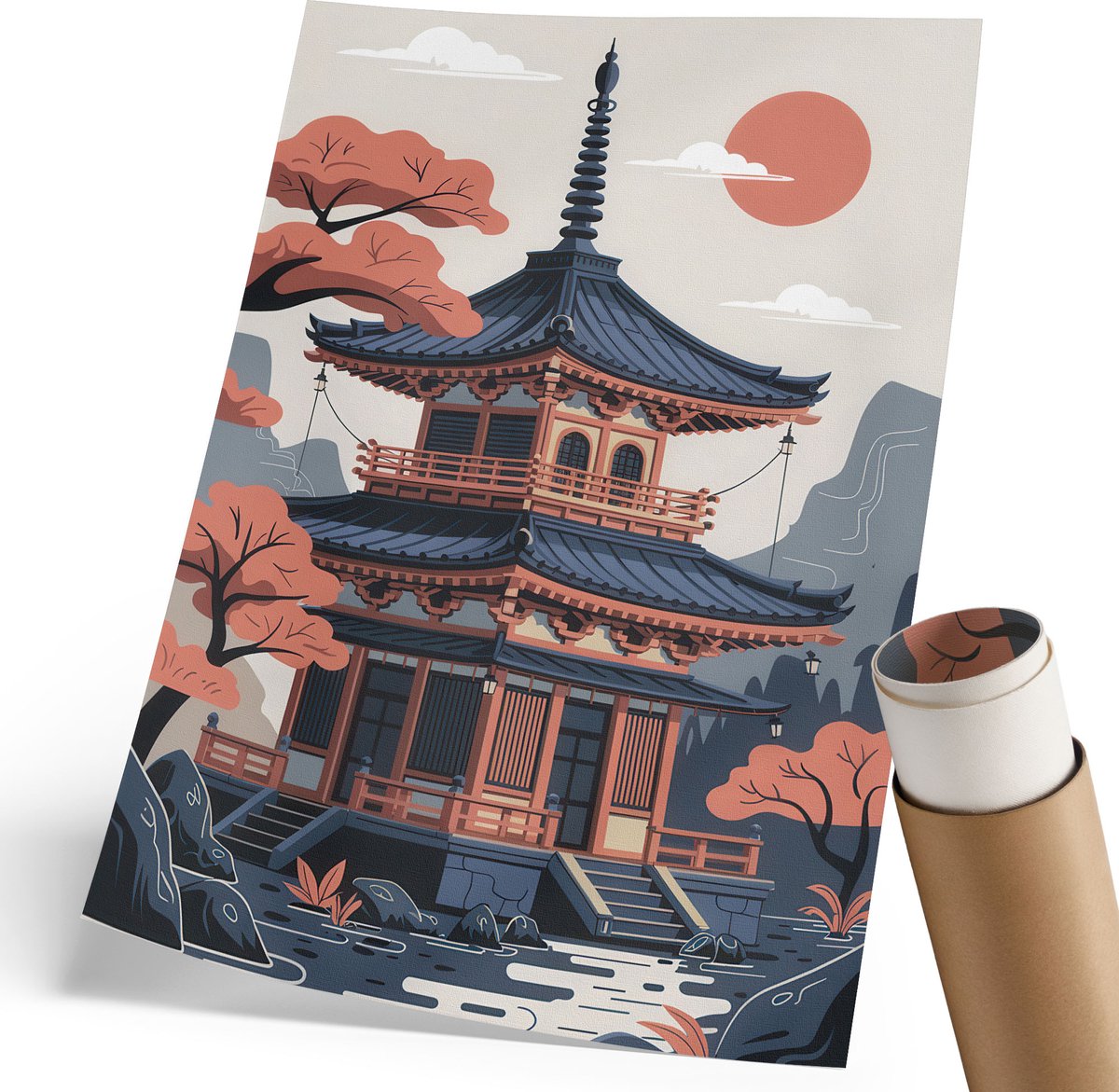 Coloray Polycanvas Poster - Tempel In Japan, Illustratie - 210 x 297 mm - Oranje Kunst - Rechthoek - Decoratieve poster - Woonkamer, Slaapkamer, Kantoor - Japanse