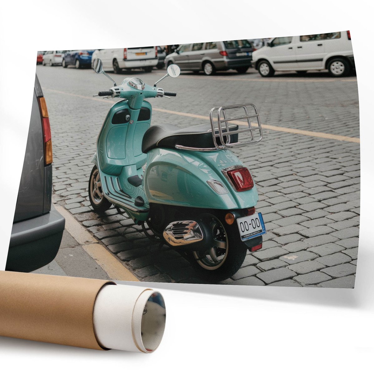 Coloray Polycanvas Wandposter – Turquoise Scooter, Turkoois – 594 x 840 mm – Grijs Design – Rechthoek – Decoratieve Wandposter – Woonkamer – Modern
