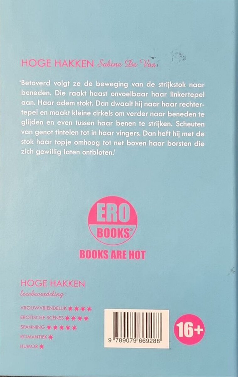 Achterkant boek "Hoge Hakken" met tekst, Ero Books logo en leeftijdsindicatie 16+.