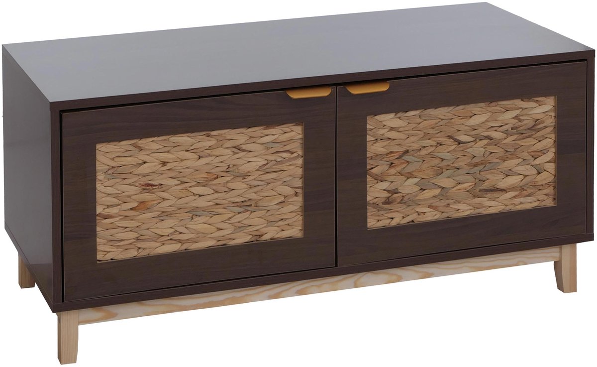 Bank MCW-P54, garderobe-bank schoenenrek schoenenrek, MDF melamine waterhyacintfront 45x100x42cm ~ walnootlook