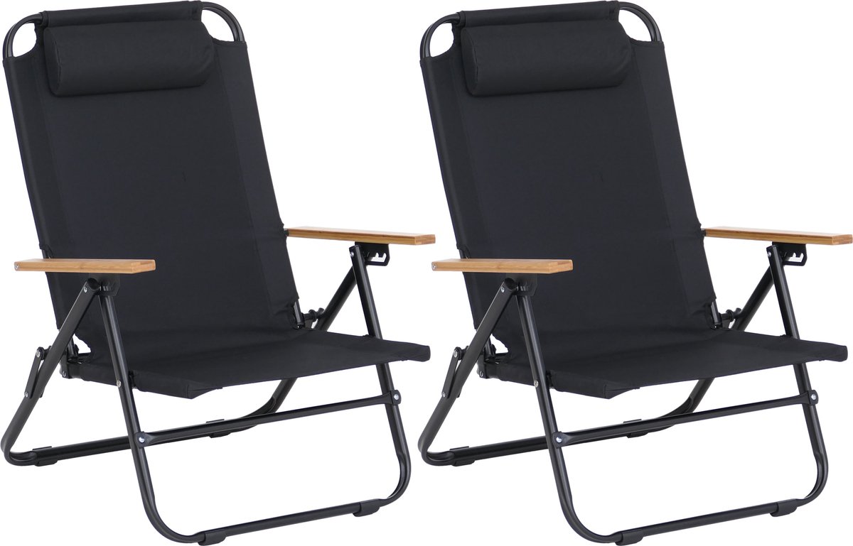 Set van 2 campingstoelen MCW-Q44, tuinstoel, balkonstoel, vrijetijdsstoel, opvouwbaar, verstelbaar, voor buiten, metaal en stof ~ zwart