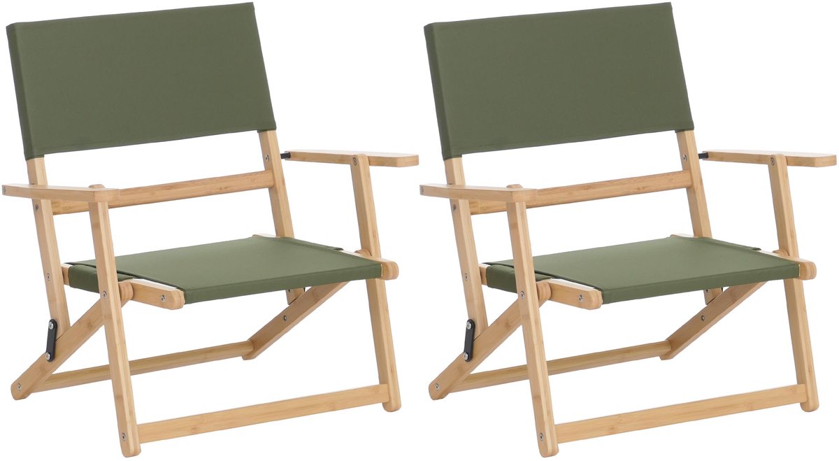 Set van 2 bamboe campingstoelen MCW-Q42, tuinstoel, balkonstoel, vrijetijdsstoel, opvouwbaar, voor buiten, stof/textiel ~ groen