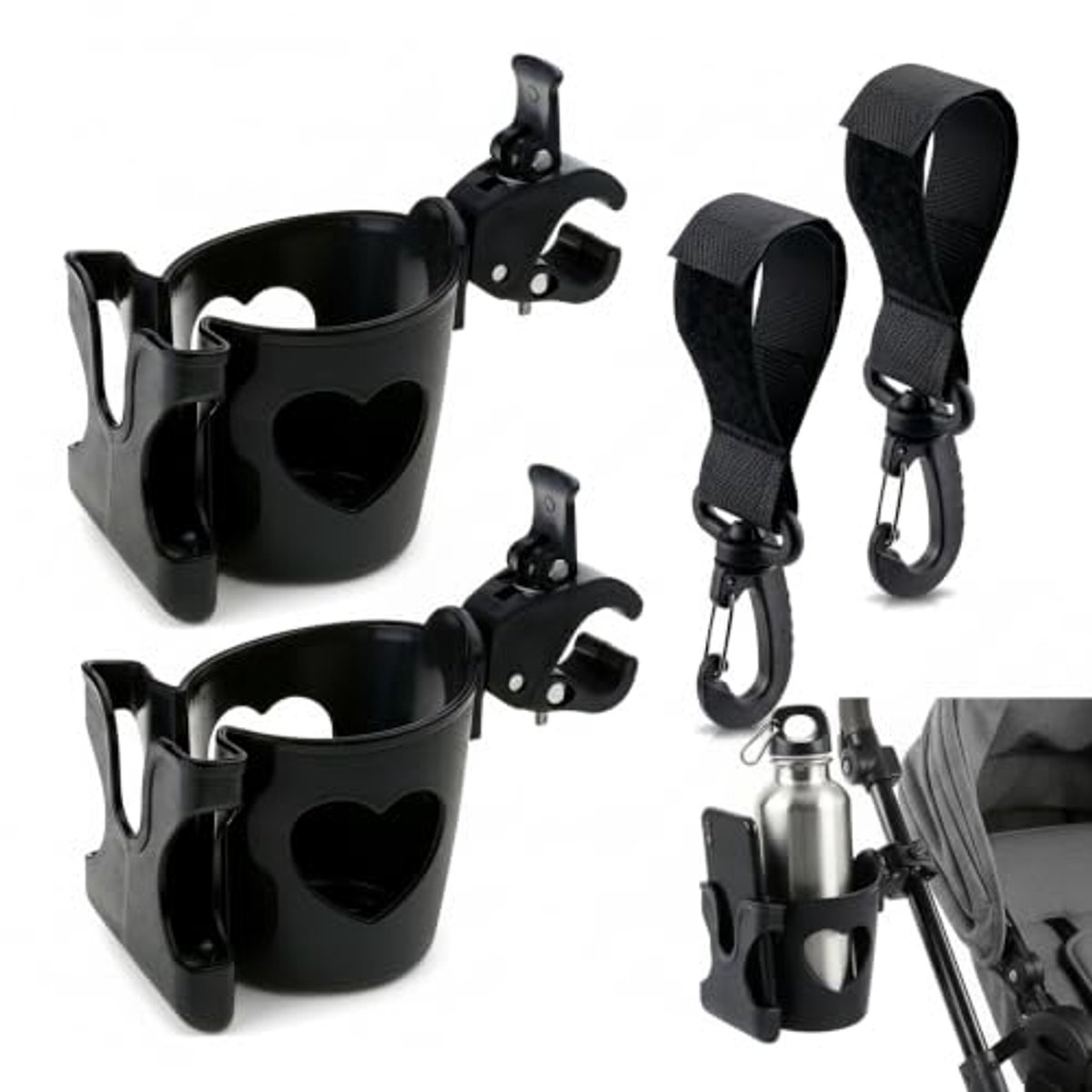 Namajunas - 4 stuks 2-in-1 universele buggy-accessoires - Beker- en telefoonhouder - Kinderwagen tassenhaakjes - Bekerhouder kinderwagen - Haakjes voor tassen - Buggy haakjes - Universele Haak - Voor Kinderwagen - Bolderkar