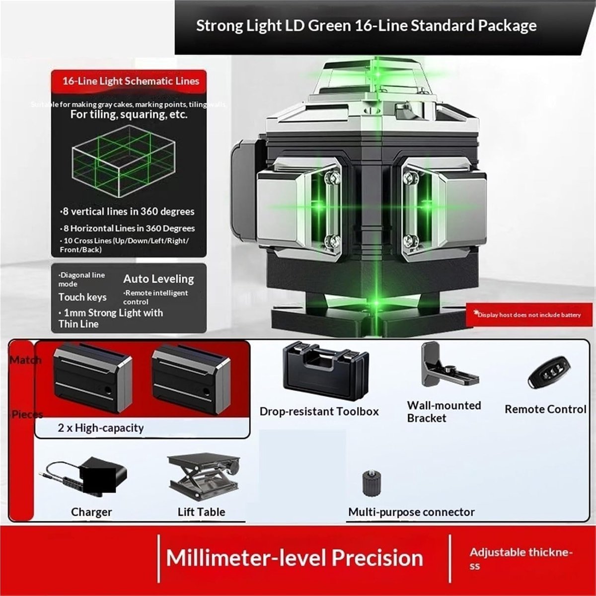 Professionele 4D-laserwaterpas, 8/12/16 lijnen, ultrasterke groene laserlijnen, afstandsbediening, pulsmodus, geschikt voor houtbewerking (16 lijnen).