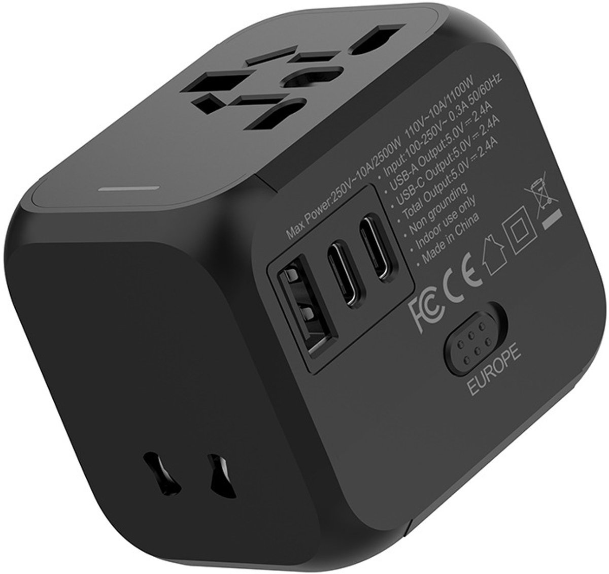 casalora - Wereldstekker - Met 2 Type-C en 1USB-A Poort - Reisstekker - Internationale Reisstekker voor 150+ landen - Wereldstekker universeel - Zwart