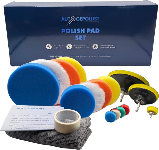 Polijstpad set met 13 pads, 2 schuurschijven, tape en microvezeldoek. Beschikbaar in 1, 3 en 5 inch.