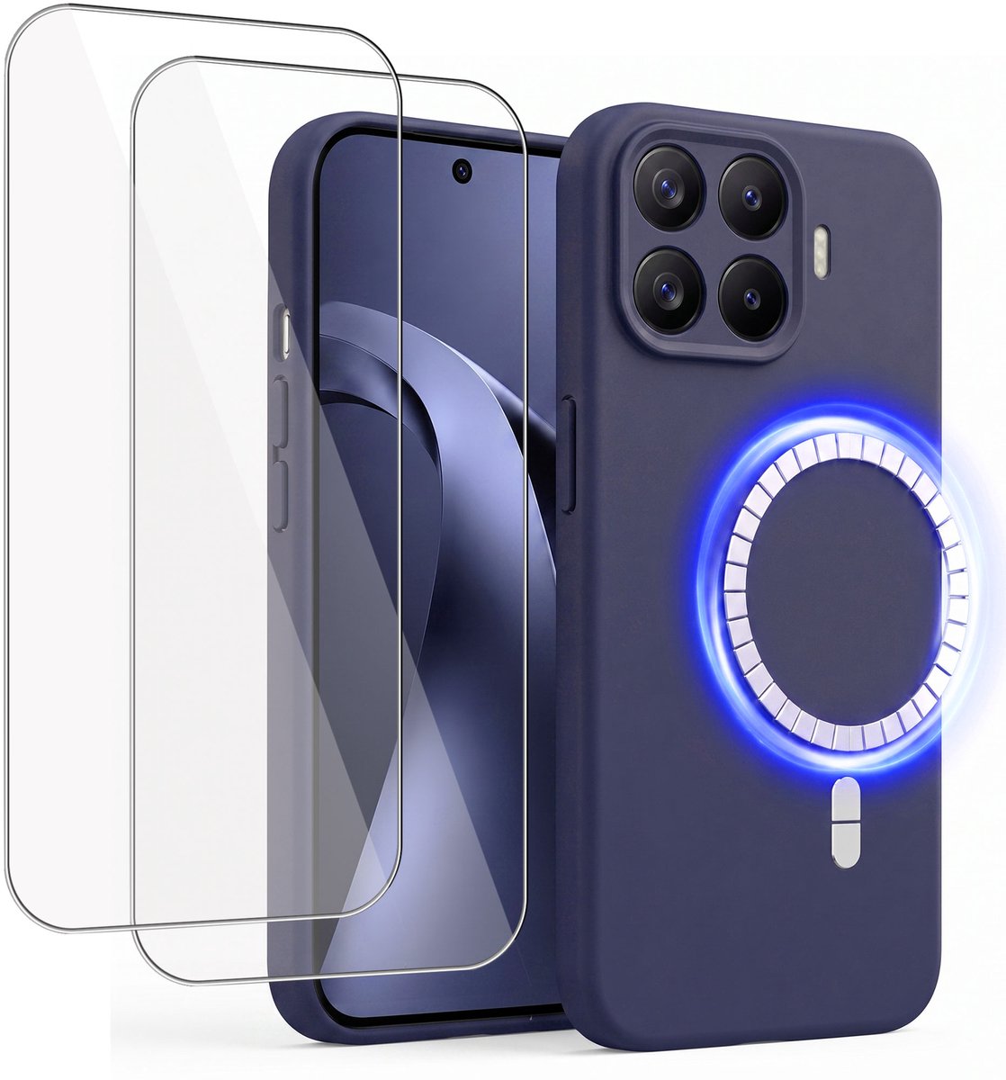 Hoesje + 2x Screenprotector geschikt voor Xiaomi 17 - Hoesje geschikt voor Magsafe - Draadloos opladen - Gehard Glas - Marine blauw