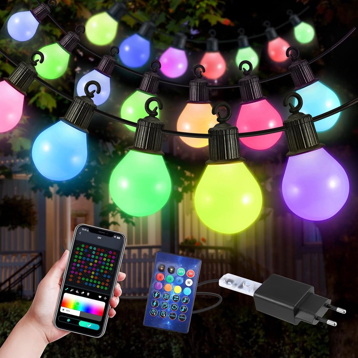 Lichtsnoer 30m - 50 LED - App-bediening - RGB meerkleurig - Voor Buiten