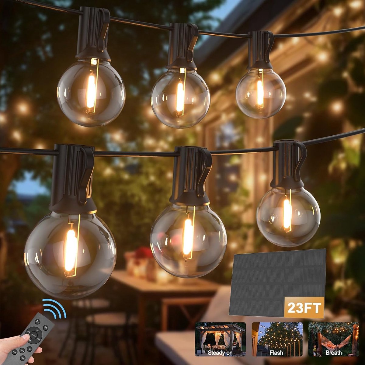 Lichtsnoer 7m - 10+1 Lampen G40 - Op Zonne-energie - IP45 Waterdicht - Afstandsbediening