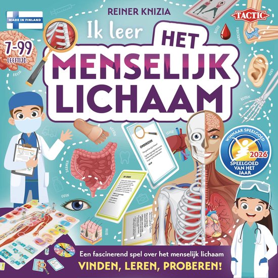 Doos van het bordspel 'Ik leer het Menselijk Lichaam'. Bevat een illustratie van het menselijk lichaam en de tekst 'Made in Finland'.