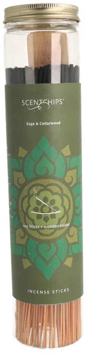 Scentchips Wierookstokjes Sage & Cedarwood – 100 Sticks met Wierookhouder – Salie & Cederhout Groen