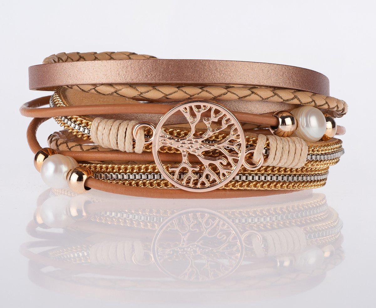 Armband dames Levensboom - Wikkelarmband leer - Galeara design Life - Zandkleur 18.5cm