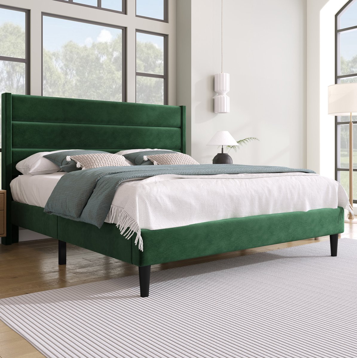 REDOM - Bed - Gestoffeerd hoofdbord - Lattenbodem en opbergruimte onder bed - Modern design - Slaapkamer - Stof en hout - Donkergroen - 146 x 210 x 111 cm