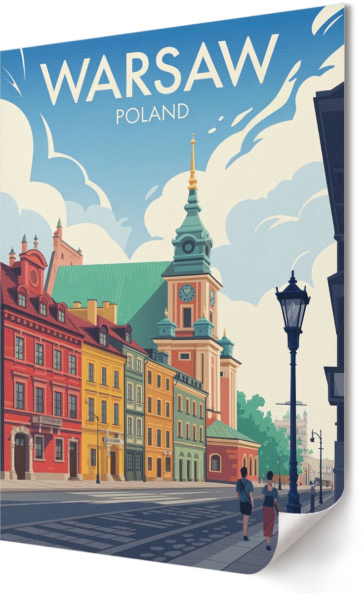 Coloray Polycanvas Poster - Warschau-Architectuur, Illustratie - 420 x 594 - Blauw Design - Rechthoek - Muurdecoratie - Woonkamer, Slaapkamer, Kantoor - Retro