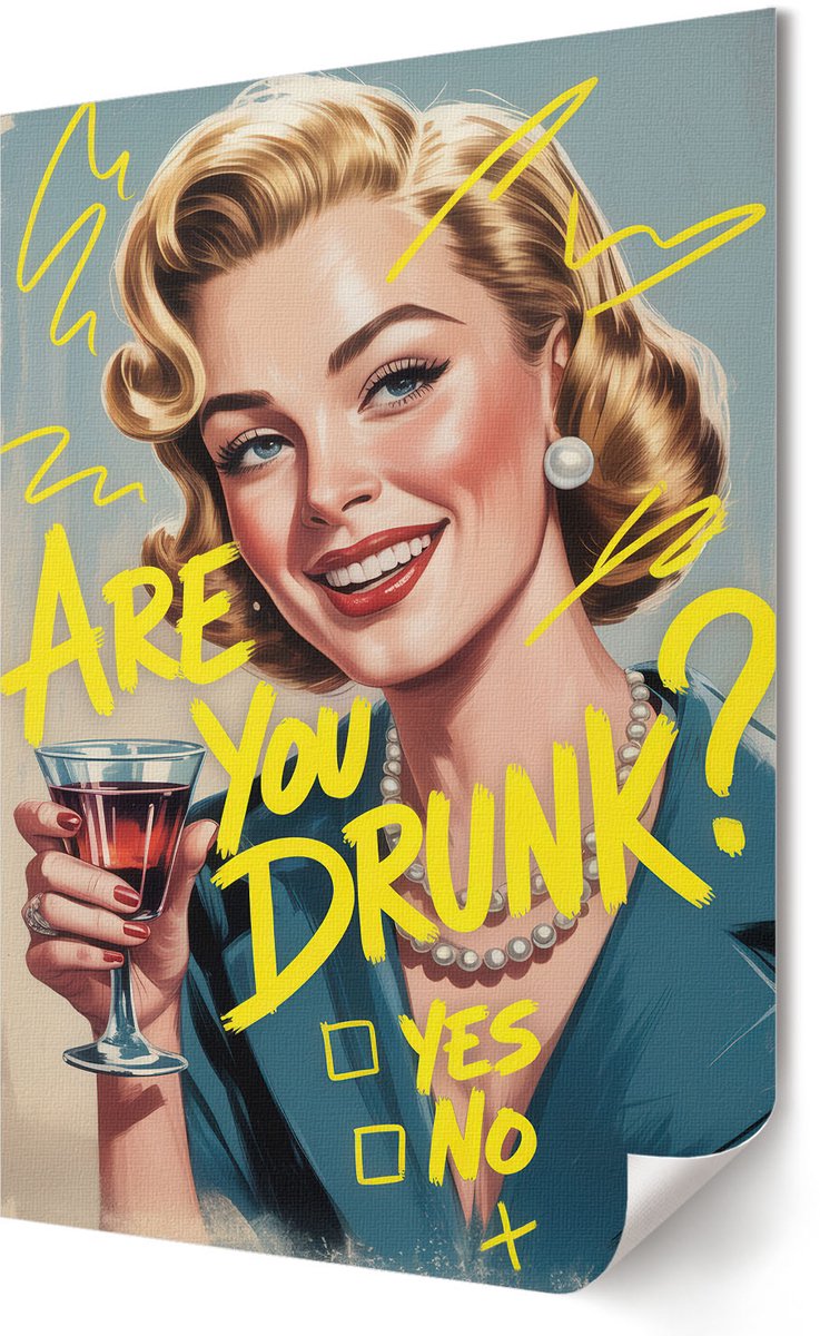 Coloray Polycanvas Wandposter - Ben Je Dronken?, Illustratie - 420 x 594 - Geel Patroon - Rechthoek - Interieurdecoratie - Woonkamer, Slaapkamer, Kantoor - Retro