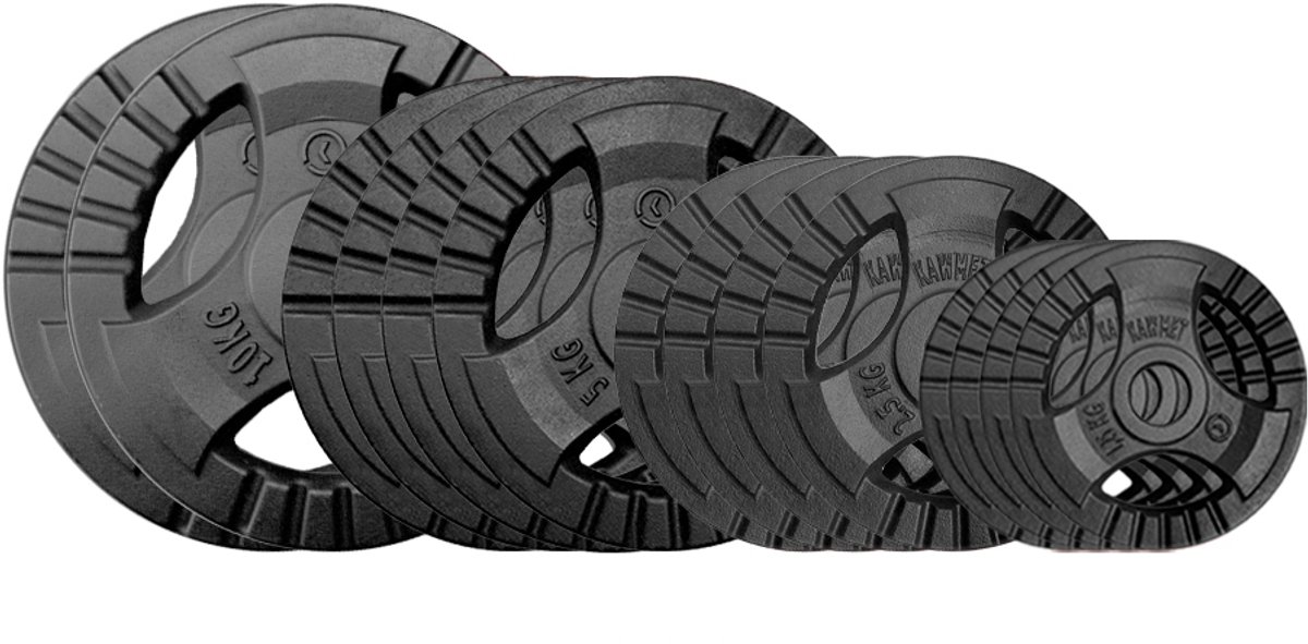 55 kg gietijzeren halterschijven set, gatdiameter 28,5 mm, Tri-Grip