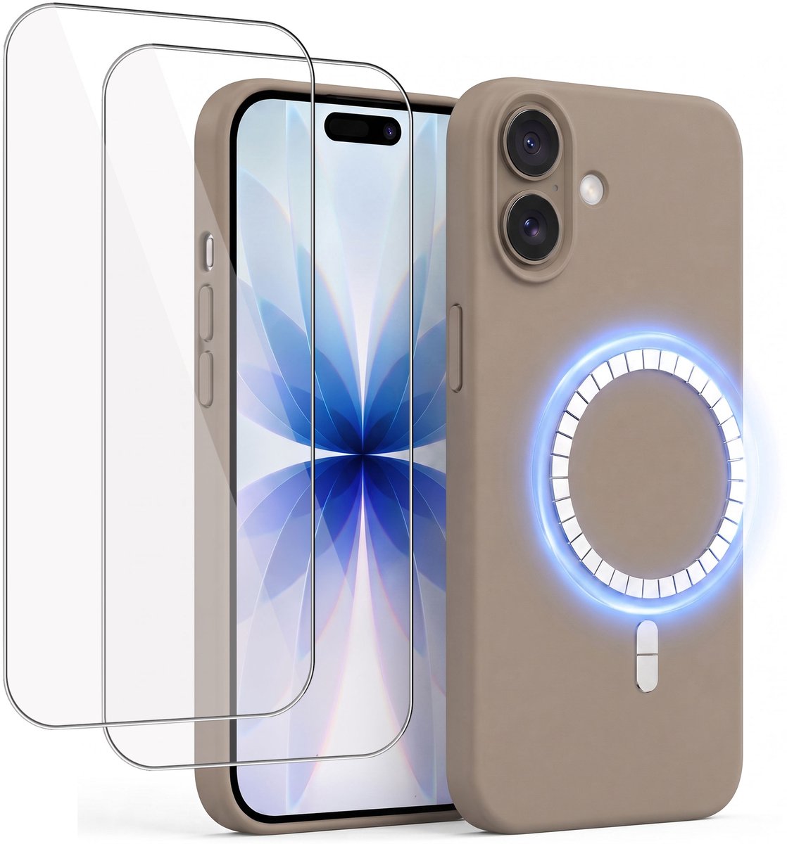 Hoesje + 2x Screenprotector geschikt voor Apple iPhone 17 - Hoesje geschikt voor Magsafe - Draadloos opladen - Gehard Glas - Taupe