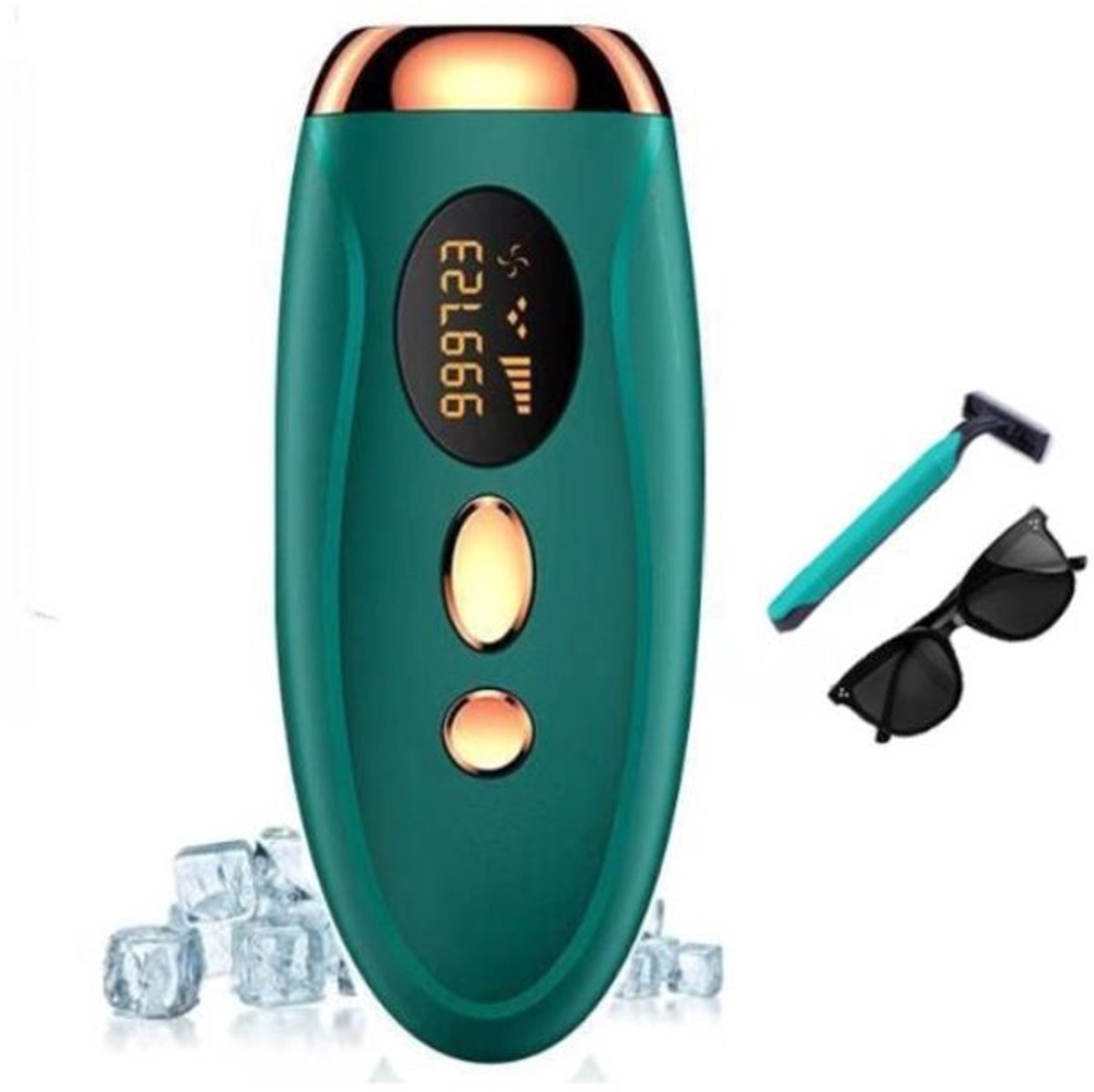 Laserontharingsapparaat met koelfunctie, 2 standen, 5 energieniveaus, unisex, Geschikt voor lichaam, gezicht, oksels en bikinilijn, groen.