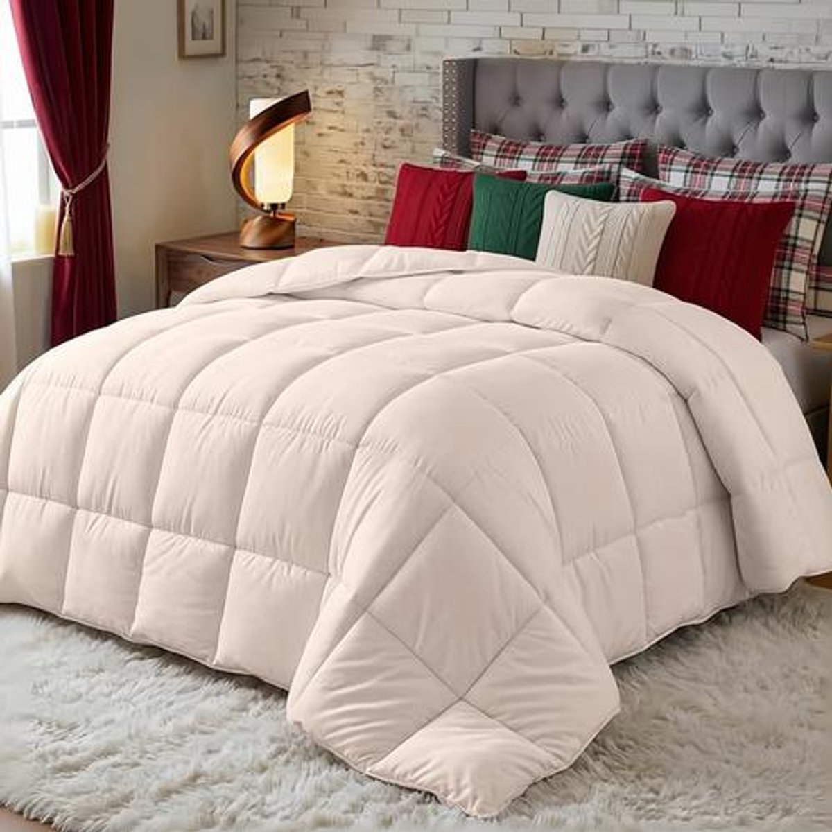 Dekbed 10,5 Tog met Hoeklabs - Pluche Gesiliconiseerd Fiberfill, Doosgestikt Donsalternatief (220x240 cm, Beige)