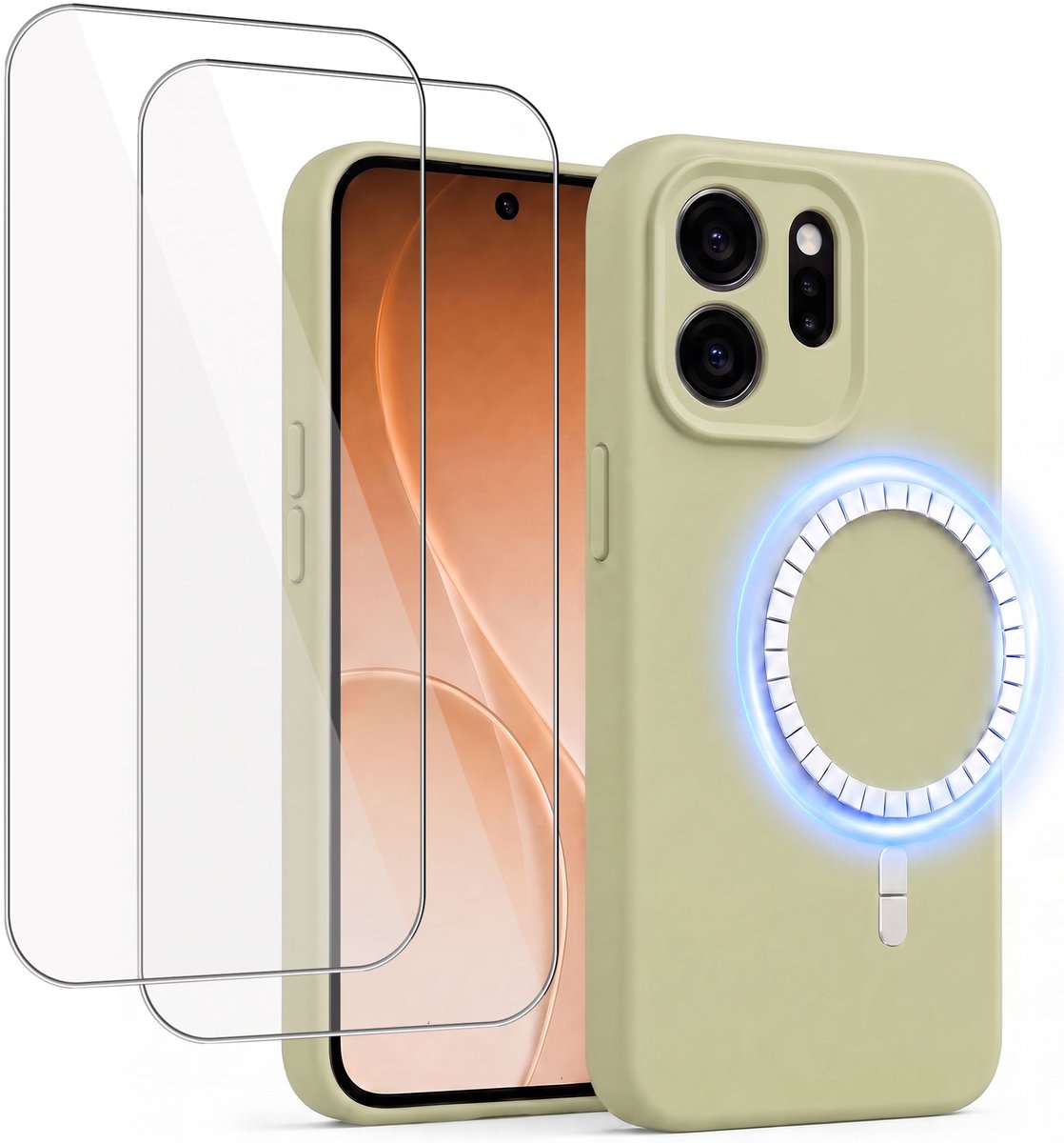 Hoesje + 2x Screenprotector geschikt voor Oppo Reno 15 Pro - Hoesje geschikt voor Magsafe - Draadloos opladen - Gehard Glas - Salie Groen