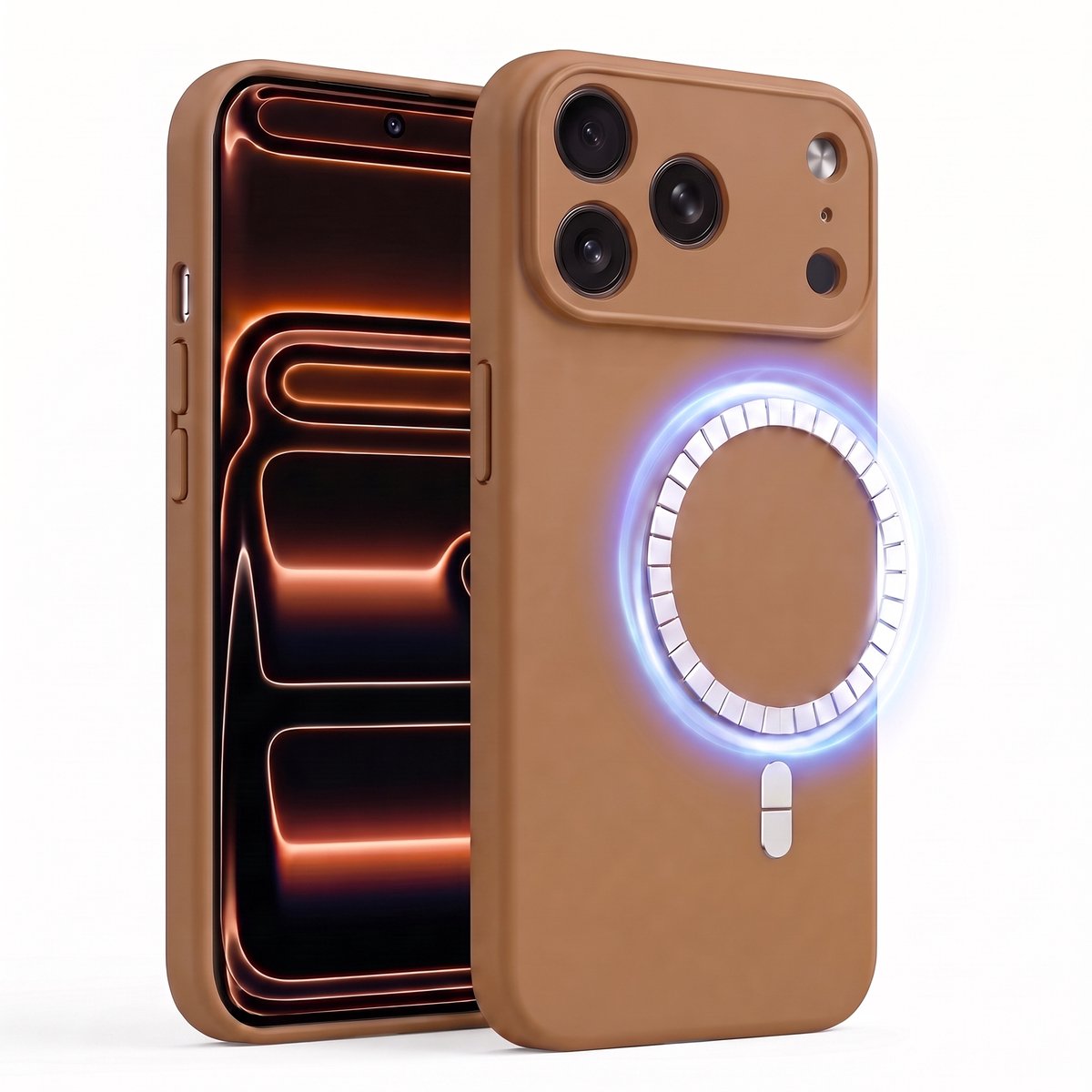 Hoesje geschikt voor Apple iPhone 17 Pro Max - Hoesje geschikt voor Magsafe - Draadloos opladen - Gehard Glas - Bruin