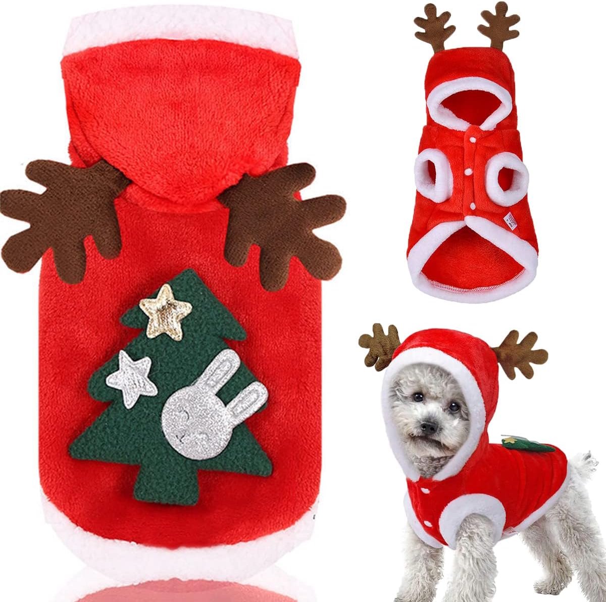 Kerstkleding voor Hond/Kat - Hondenkostuum Kerst - Maat XXL - Kerstoutfit met Capuchon en Elandgewei - flanel - warm en comfortabel - Zacht en huidvriendelijk - Grappig Hondenkerstkostuum - Leuk cadeau-idee - Voor Winter, Kerstmis en Kerstfeest