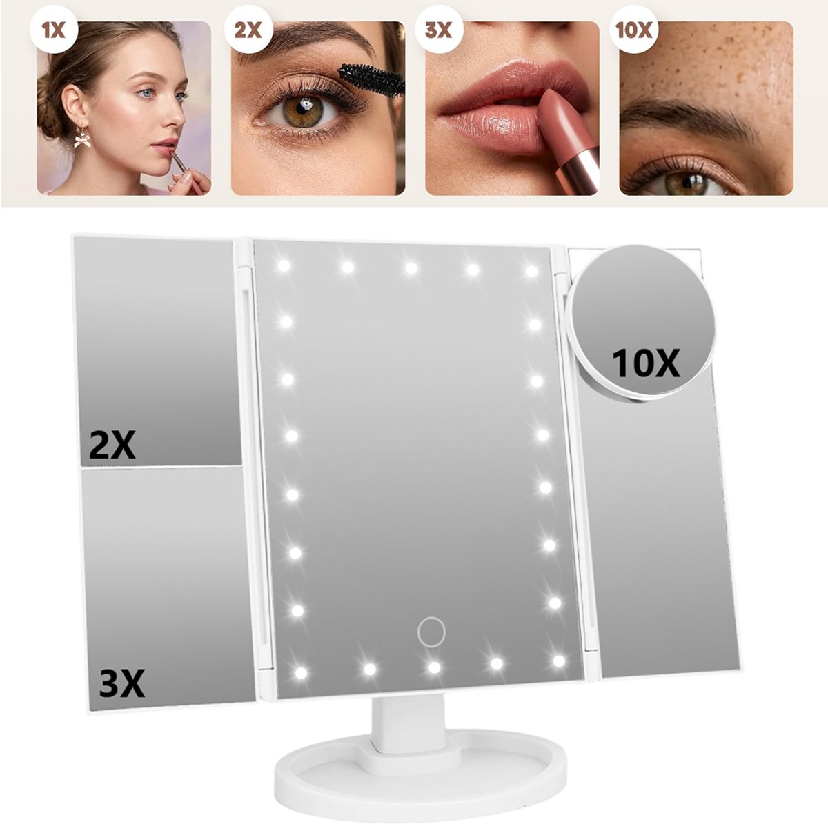 Make-Up Spiegel Met Led-Verlichting - 2X/3X/10X Vergrotende Make-Upspiegel - Driebladige Make-Upspiegel