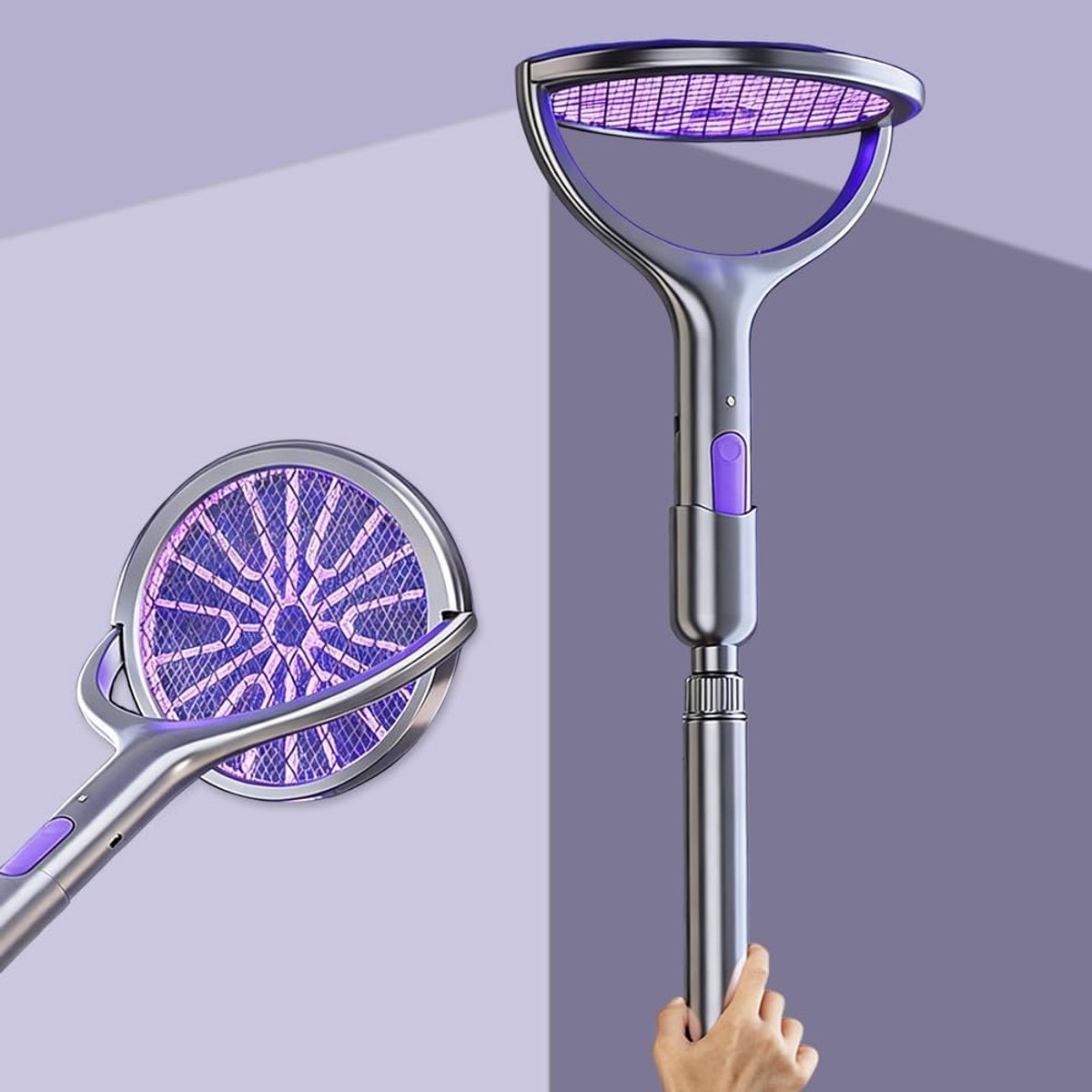 Elektrisch insectenracket - roterende kop - elektrische muggenracket, met telescopische verlenging en basis voor elektrisch vliegenracket, oplaadbaar, UV, voor binnen en buiten