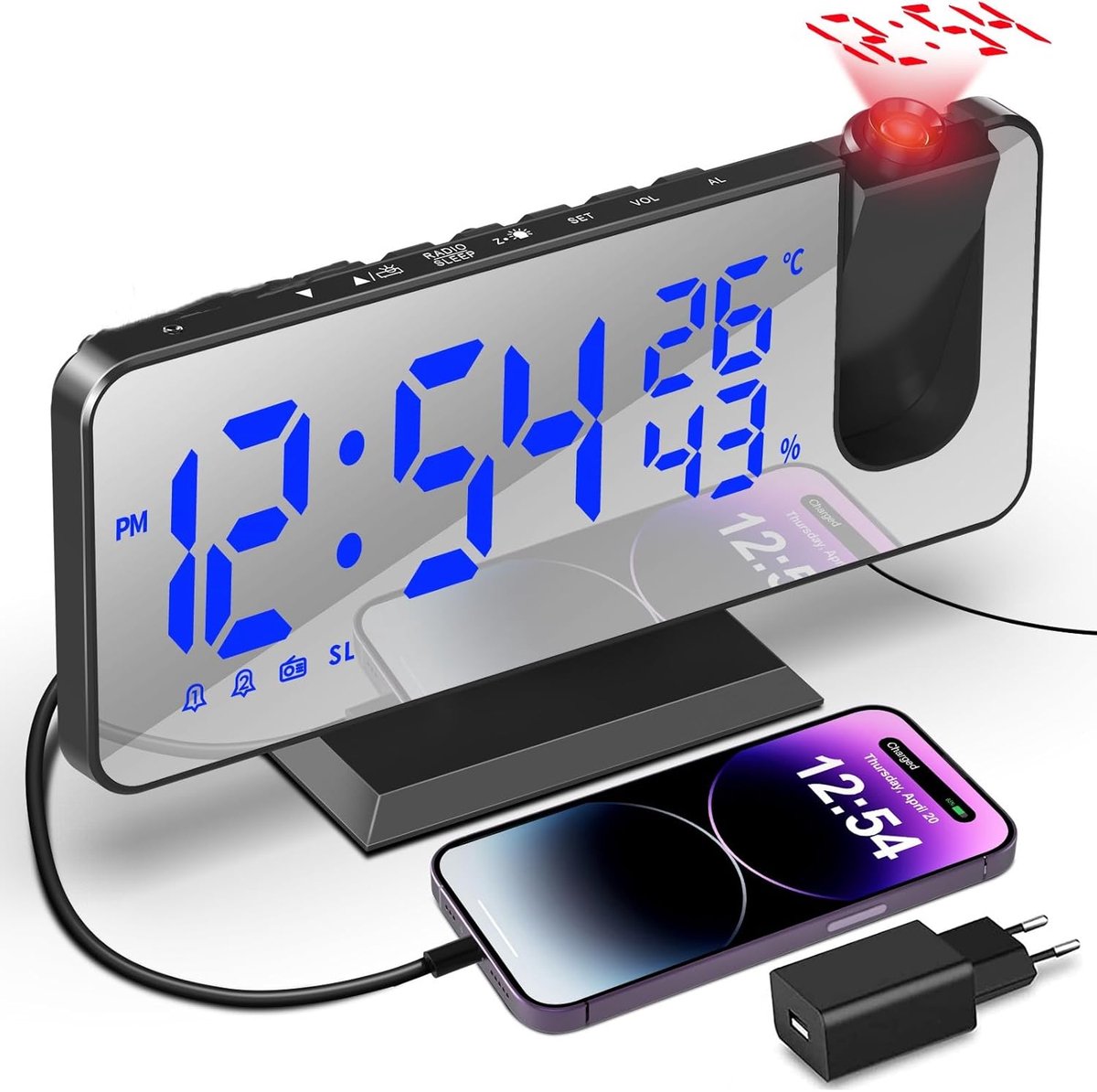 Projectiewekker Radiowekker met USB-Aansluiting, Digitale Wekker met Projectie Dubbel Alarm 12/24 uur LED-Display 180° Projector 4 Projectihelderheid voor Slaapkamer en Kantoor