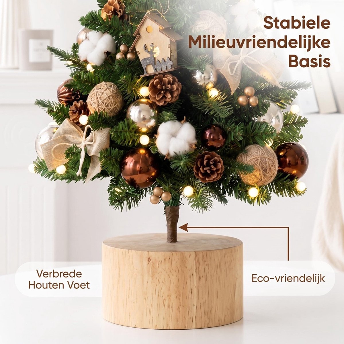 Mini Kunstkerstboom 60 cm- Tafelkerstboom 60 cm met LED, Kerstdecoratie, PVC+PE & Houten Voet – Sfeervolle Tafelkerstboom – Tafel Decoratie – Kerst Versiering voor Thuis & Kantoor – foto 2