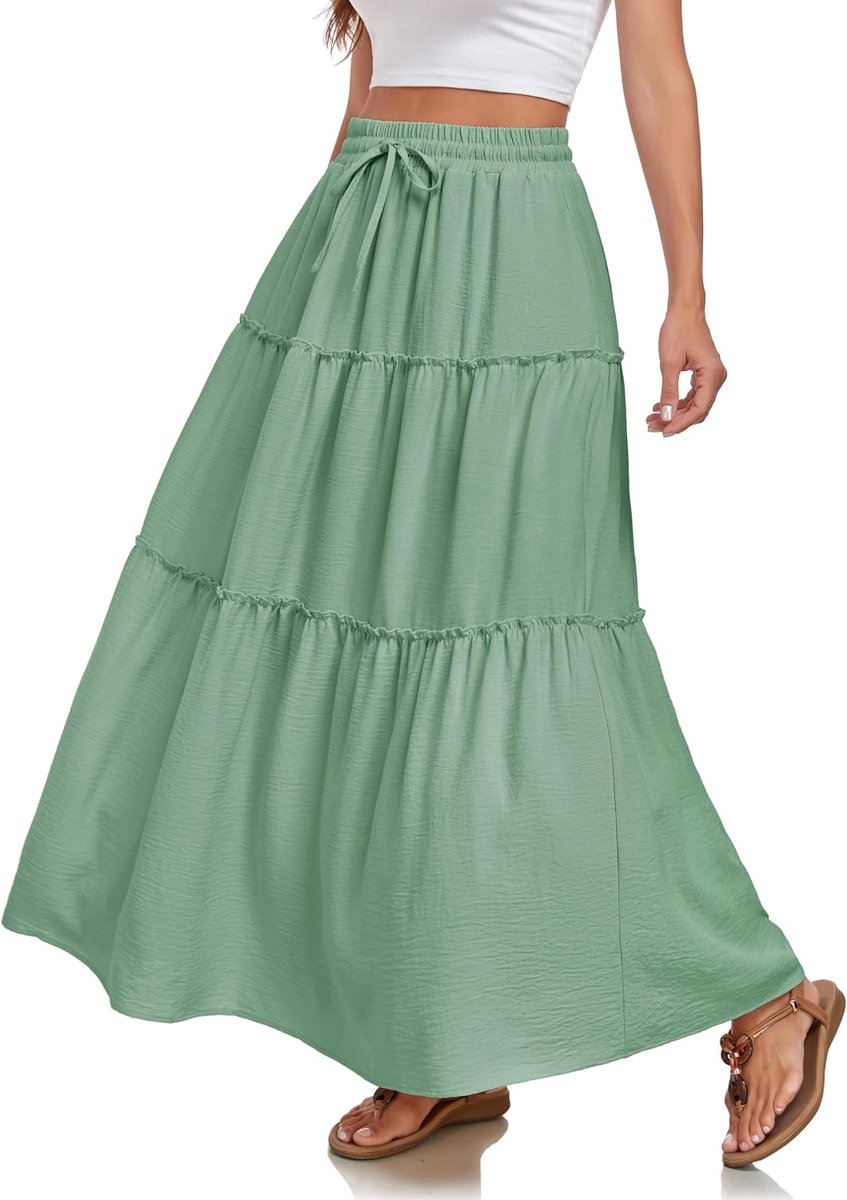 Rokken A-Lijn Elegante Hoge Taille met Ruches Maxi-Rok Met Trekkoord Zomer Elastische Casual Met 2 Zakken