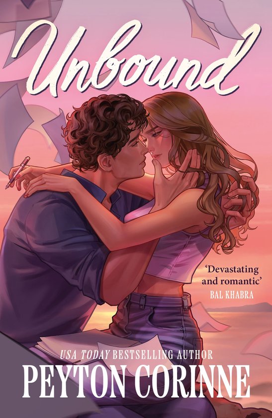 De kaft van het boek 'Unbound' toont een man en vrouw die elkaar zoenen, met in de achtergrond papier dat wegvliegt in de schemering.