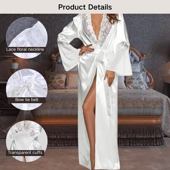 Sexy Lange Kimono Ochtendgewaad Satijnen Ochtendjas Kant V-hals Badjas Sheer Mesh Babydoll Doorzichtige Bikini Cover Up Transparante Mouw Patchwork Lingerie Bruid Bruidsmeisje — afbeelding 4