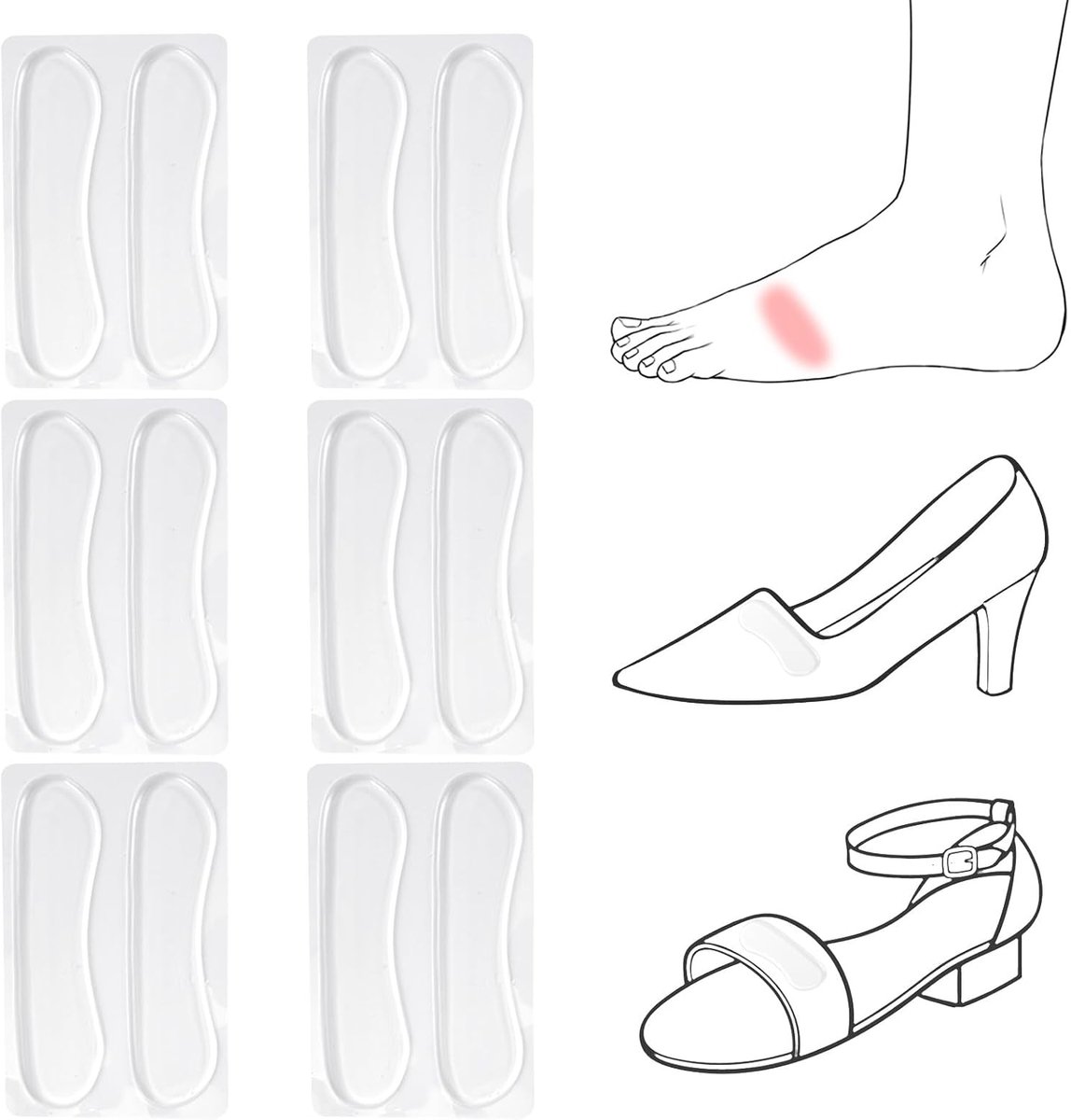 6 Paar Sandaalbandkussentjes, Transparant Zelfklevend Hielkussentjes Antislip Hielbandkussentjes voor te Grote Uitglijdende of Wrijvende Schoenen