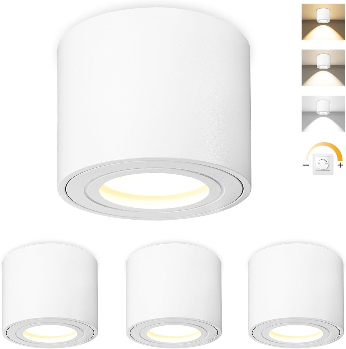 4x LED opbouwspots wit, IP44 opbouwlamp Ø80x65mm vlak, opbouwspots 230V incl. 5W 550LM LED-module, 3000K/4000K/6500K plafondspots dimbaar, aluminium opbouwverlichting