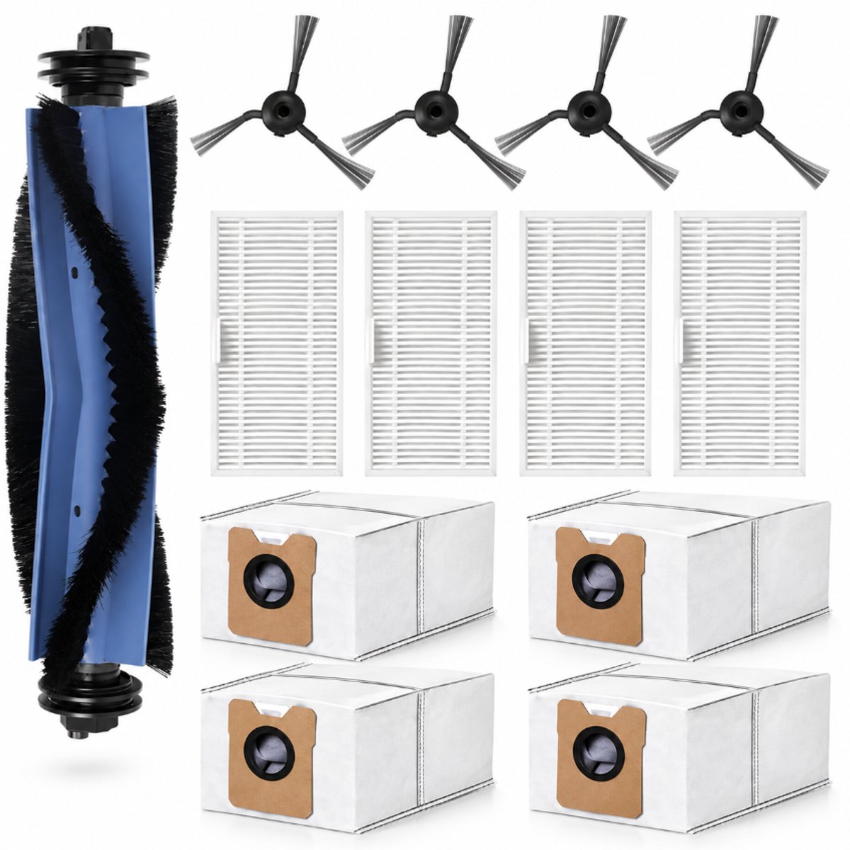 Robotstofzuiger Accessoireset 13 Stuks - Geschikt voor Eufy C10 - 1 Hoofdborstel, 4 Zijborstels, 4 Filters & 4 Stofzakken