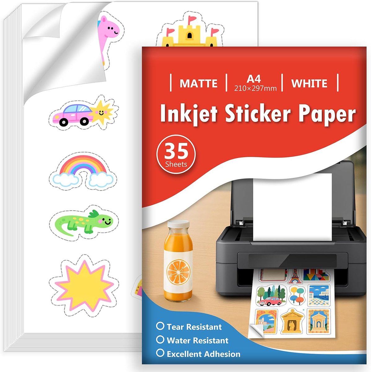 35 Vellen Stickerpapier voor Printer A4, Matte Witte Waterdichte Printbare Vinyl Stickerpapier, Zelfklevende Volledige Pagina voor Inkjetprinters, Sneldrogend, 210x297mm