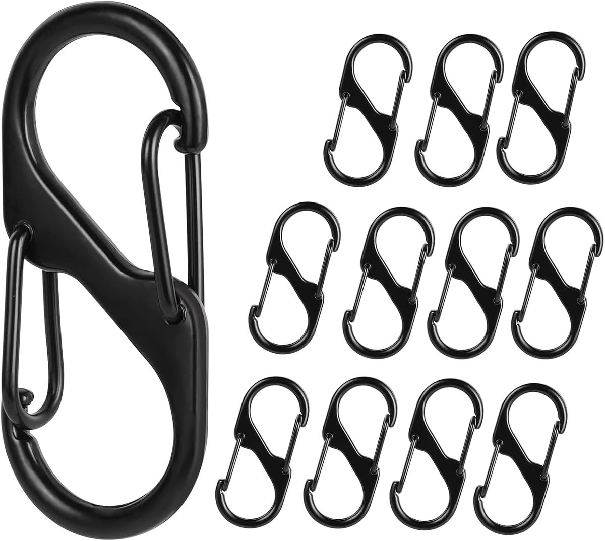 12 stuks metalen dubbele karabijnhaken, duurzame S-karabijnhaak, zwart, S-ring sluitkarabijnhaak, kleine robuuste sleutelkarabijnhaak, mini-karabijnhaak, bestand tegen roest, kleine dubbele cliphaken