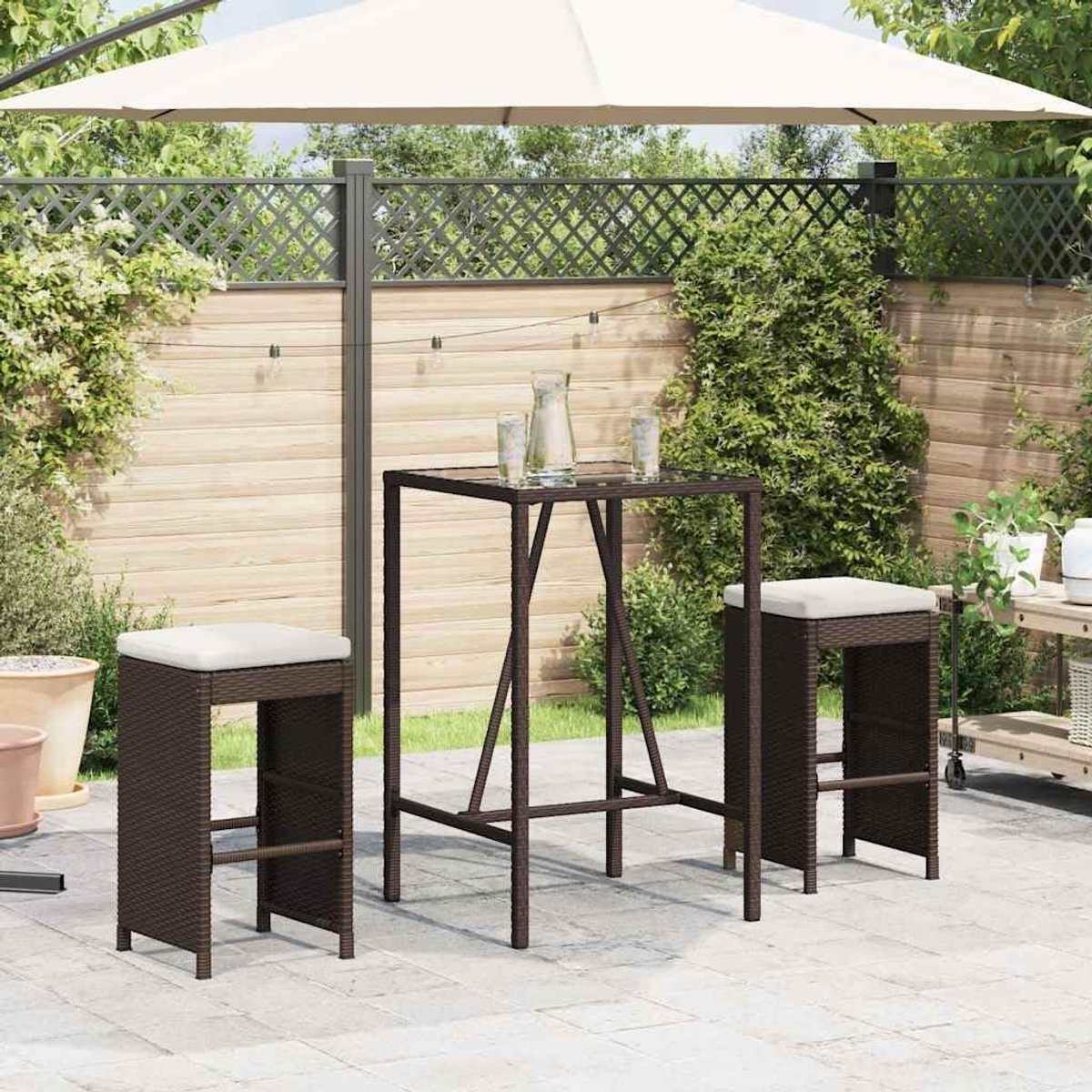 Barkrukken met kussen, set van 2 stuks, bruin polyrotan, barkrukken met robuust gepoedercoat stalen frame en afneembare wasbare stoelhoezen,