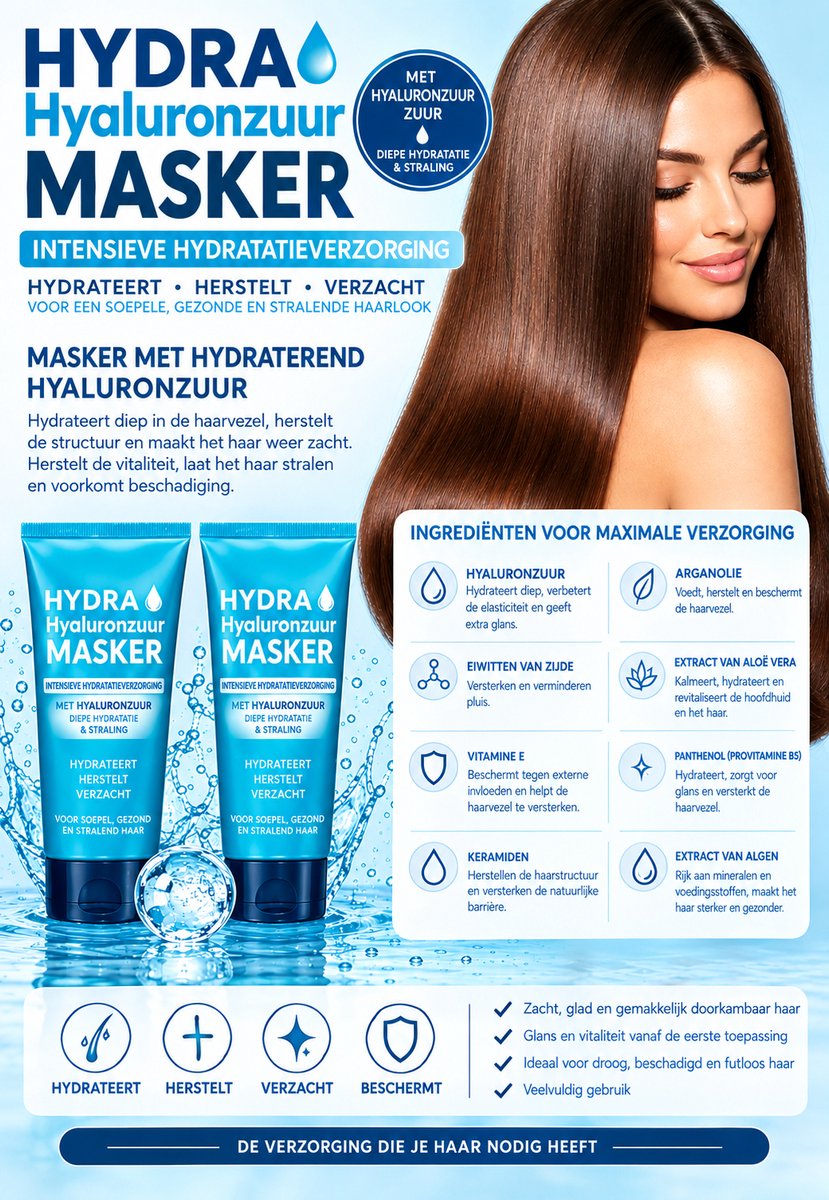400 ML (2 TUBES VAN 200 ML PER TUBE) HYDRA HYALURONIC MASKER, SUPER HYDRATEREND VOOR NORMAAL TOT DROOG HAAR MET HYALURONZUUR, NIACINAMIDE EN PROVITAMINE B5 — ALTIJD PERFECT HAAR.
