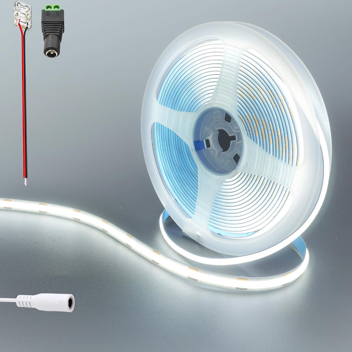 12V COB 480LED LED-strips, 9,84FT/3M (zonder voeding), koel wit 6500K, 1440LED, met 5521DC vrouwelijke connectoren, 8mm breedte, IP20, voor DIY binnenhuisdecoratie